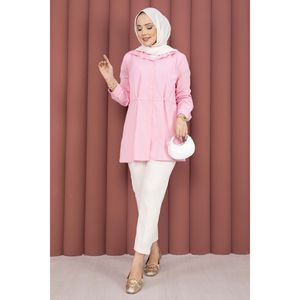 Chemise décontractée en popeline tricotée pour femme Alin, taille XL, boutonnée, imprimé simple et tendance, plissée, tissée, longue, vêtement d'été rose - Product Image 1