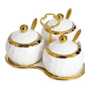 Finishing for Candy Jar Storage <b>Container</b> Kitchen Canister for <b>Coffee</b> Home Set of3 Metal Lid <b>Sugar</b> <b>Tea</b> & Milk Jars Gold & White - Product Image 3