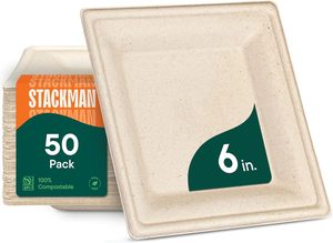 Assiettes en papier carrées 100 % compostables Stack Man [50 pièces] - {Sans PFAS} - {Certifié BPI} - [6 pouces] Robustes, écologiques - Product Image 6