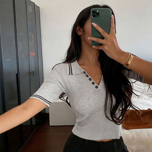 Novedad 2026: Top Polo <span class=keywords><strong>de</strong></span> Punto Acanalado Azul Marino para <span class=keywords><strong>Mujer</strong></span>, Corte Ajustado, con Ribete en Contraste, Manga Corta, Prenda <span class=keywords><strong>de</strong></span> Punto Informal - Product Image 3