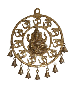Golden Brass Om Ganesha Wall Hanging Idol with Small Bells Vertical Pattern <b>Mandir</b> Wall Decor for Door for Diwali Gift - Product Image 1