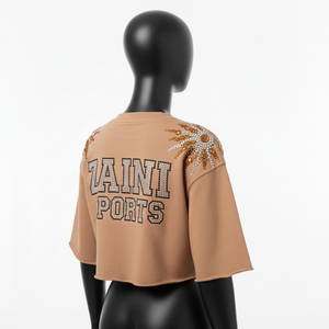 T-shirt court pour femme en coton et polyester de qualité supérieure, 220 GSM, brun camel, toucher doux, logo en strass, chemise pour femme - Product Image 5