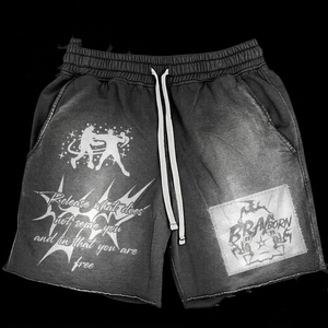 Heavyweight 320 GSM cotton fleece acid wash <b>shorts</b> faded black graphic screen print stitched <b>patch</b> logo custom <b>men's</b> <b>shorts</b> - Product Image 1