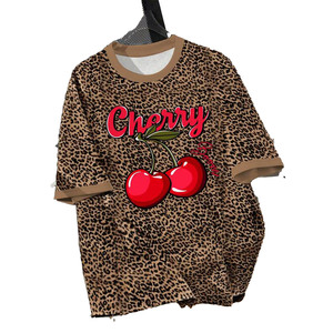 Camisetas personalizadas con Estampado de cereza y leopardo para hombre, ropa informal estilo Hip Hop, camiseta de verano marrón de gran tamaño, estilo informal urbano a la moda - Product Image 1