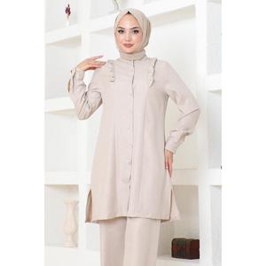 Conjunto de 2 Piezas para Mujer, Estilo Casual, Color Beige, con Detalle de Volantes, Top Largo, Pantalones Cortos a la Rodilla, Cuello Redondo, 100% Poliéster-MSW19224-3 - Product Image 2