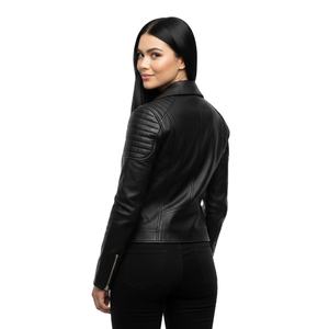 Nouvelle arrivée, veste moto pour femme en cuir vegan durable, logo personnalisé moderne, ODM, surdimensionnée, noire, en peau d'agneau, rétro, veste d'hiver pour femme - Product Image 1