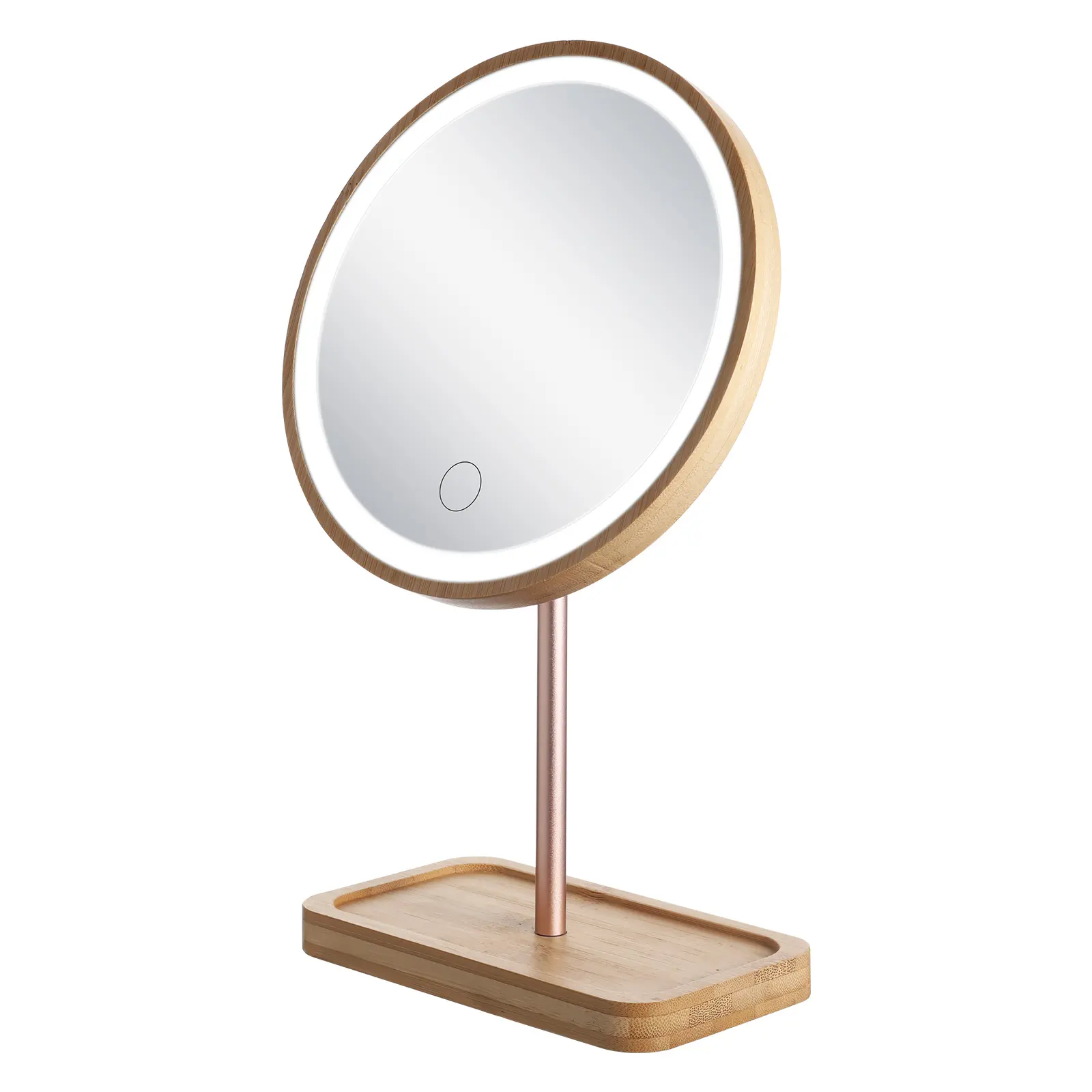 Espejo de maquillaje redondo con luz Led giratoria, espejo de escritorio de madera cosmético con atenuación de pantalla táctil con Sray
