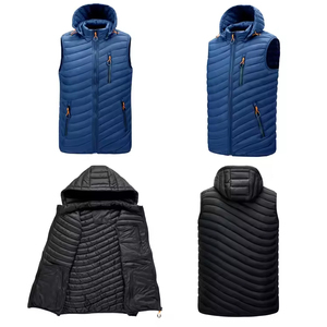 Gilet chaud d'hiver brodé avec logo personnalisé pour hommes, veste en nylon respirante décorée de boutons, capuche sans manches, remplissage de canard et tambour - Product Image 5