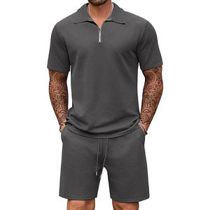 Conjunto informal de 2 piezas de color gris oscuro para hombre, conjunto de pantalones cortos tipo polo con cremallera y media cremallera, traje de polo con características de alta visibilidad - Product Image 2