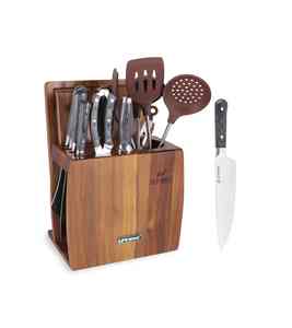 Ensemble de couteaux en acier inoxydable à haute teneur en carbone avec planche à découper en bois et outils de cuisine commodément rangés sur le support - Product Image 1