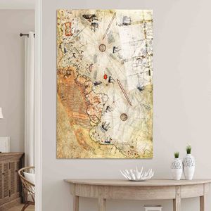 Affiche de carte ancienne personnalisée : impression sur toile d'art mural Piri Reis, art sur verre trempé - Product Image 1