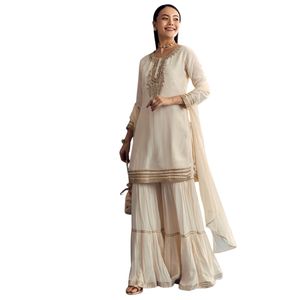 Crepe avorio Kurta Sharara Set con lavoro Zardosi elegante abito da sposa tradizionale per feste e ricevimenti - Product Image 2