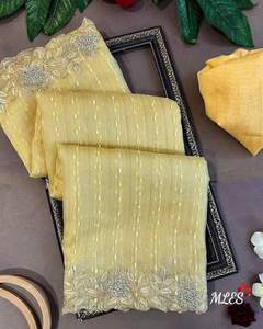 NUEVO JUTE ORGANZA Sari Multi bordado trabajo con piedra y seda cruda bordado trabajo blusa - Product Image 1