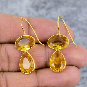 Boucles d'oreilles pendantes en argent sterling 925 plaqué or avec pierre précieuse citrine, bijoux à la mode, cadeau de fête pour petite amie - Product Image 2