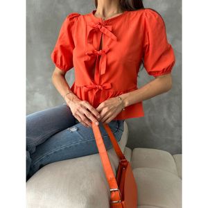 Blusa de Popelina Naranja con Lazo Delantero para Mujer TOPSHOW - Camisa Casual de Manga Larga de Mezcla de Algodón y Poliéster para Uso Diario - Product Image 4
