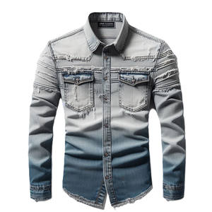 Camisas vaqueras informales de algodón para hombre, manga larga, bolsillos en el pecho con solapa a presión, cuello vuelto desgastado con patrones rasgados deshilachados - Product Image 6