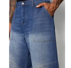 Pakistan Made 100% Cotton Men's Straight <b>Jean</b> Pant Breathable Embroidery Patch Loose Baggy Street <b>Elastic</b> <b>Waist</b> Denim Flat - Product Image 1