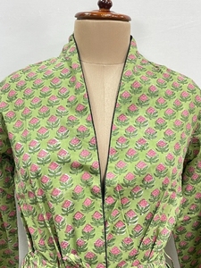 Kimono Étnico Indio Hecho a Mano 100% Algodón para Mujer, Bata de Baño, Ropa de Dormir, Largo Completo, Estampado, Cuello en V - Product Image 3