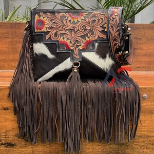 Personalización de gran capacidad para mujer, bolso de hombro tipo bandolera con flecos de piel de vaca, diseño de lujo, bolso con cremallera Floral - Product Image 1