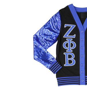 Cardigan Zeta Phi Beta con paillettes nere con maniche blu con Logo ricamato Est 1920 abbigliamento da donna Premium - Product Image 2