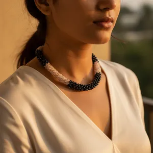 สร้อยคอประดับลูกปัดโรสควอตซ์และออนิกซ์สวยงามสำหรับผู้หญิง สไตล์คลาสสิก ศาสนา ทันสมัย ของขวัญ ชุบทอง - Product Image 3