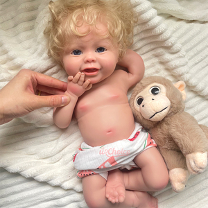 Muñeca Bebé Reborn <span class=keywords><strong>de</strong></span> Silicona con Cabello Rubio Rizado <span class=keywords><strong>de</strong></span> 18 Pulgadas, Boca Abierta Sonriente, <span class=keywords><strong>Ojos</strong></span> <span class=keywords><strong>Azules</strong></span> y Extremidades Suaves - Product Image 2