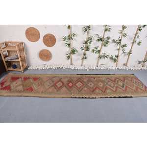 Alfombra Turca Vintage Rústica Beige Rojo 3,1 X 11.5ft Área Grande Lana Patchwork Respaldo de Látex Pasillo Abstracto para Habitación de Adolescentes - Product Image 1