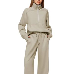 Survêtement pour femme uni, streetwear, sweat-shirt à demi-zip, maille personnalisée, 100% coton molletonné, OEM - Product Image 1