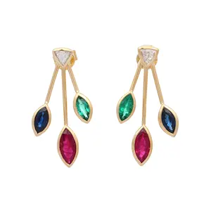 Handmade Jewelry Natural Emerald Ruby Sapphire Diamond Gemstone Leafy Stud Earrings 18K Solid Yellow Gold Earring Studs Women