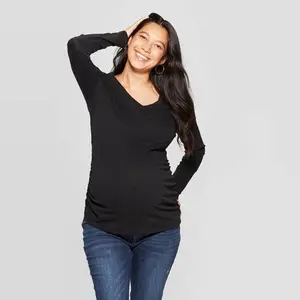 हॉट सेलिंग ओईएम गर्भवती महिला वर्कआउट नर्सिंग 100% कॉटन काले रंग की मैटरनिटी टी शर्ट महिलाओं के लिए लंबी बांह की शर्ट