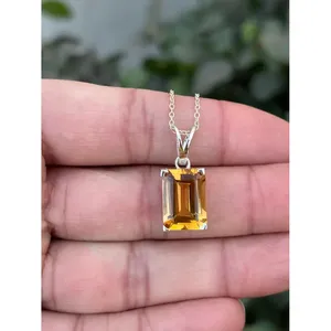 925 Silver <b>Emerald</b> Cut Citrine Necklace with Bezel Setting Diamond Shape Inlay - Product Image 1