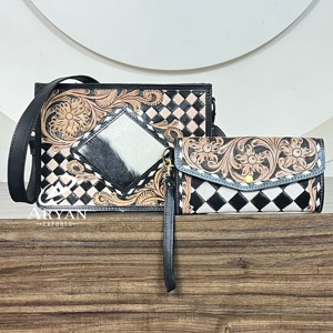 Conjunto de Bolso Bandolera Cruzado de Cuero Genuino con Diseño a Cuadros y Bolso de Mano con Correa de Muñeca, Elegante Conjunto de Dos Piezas para Mujer - Product Image 1