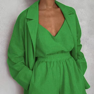 Conjunto informal de 3 piezas para mujer, traje de lona, cárdigan negro de ajuste Regular, pantalones cortos, ropa de calle transpirable ecológica de secado rápido, 2024 - Product Image 1