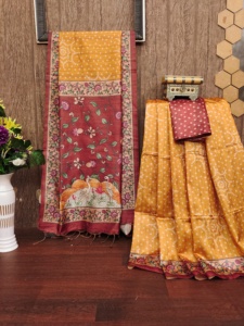 Nuevo Sari de seda cruda Desi suave Premium con Bandhani Butti y Kalamkari Fabricante de Surat Online Shopping India para la venta - Product Image 6