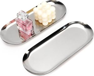 Plateau organisateur de bijoux et d'accessoires, plateau moderne ovale pour salle de bain, plateau de rangement ovale en acier inoxydable - Product Image 1
