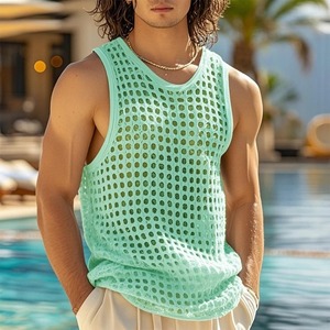 Camiseta sin mangas de verano para hombre, con cuello redondo Camiseta sin mangas, informal, lisa, con estilo, para vacaciones, Playa - Product Image 6