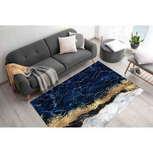 Alfombra Azul Marino con Diseño de Mármol: Alfombra con Detalles Dorados Impresos en 3D, Alfombra Suave No Tejida - Product Image 4