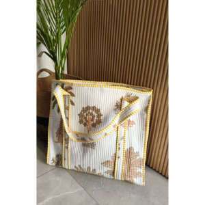 <b>Large</b> Cream Palm <b>Tote</b> <b>Bag</b> <b>with</b> <b>Zipper</b> Water-Resistant Cotton Canvas Embroidered Design Reusable - Product Image 2