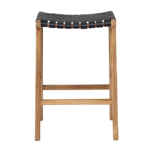 Minimalist Teak Wood Bar <b>Stool</b> With Black Leather Seat Outdoor <b>Garden</b> Furniture Scandinavian Design Durable Solid Wood - Product Image 2