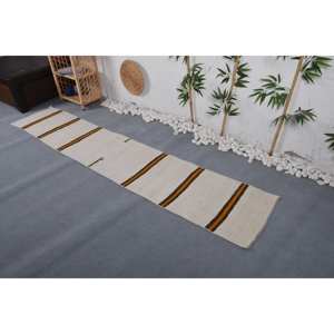 Beige Brown Rustic Wool Striped <b>Turkish</b> <b>Rug</b> Handmade 1.7 X 9.2ft Rectangle Patchwork Pattern Viscose PP Latex for Bedroom Use - Product Image 3