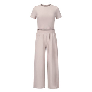 2025 primavera/verano nueva llegada conjunto informal de moda de talla grande <span class=keywords><strong>para</strong></span> <span class=keywords><strong>mujer</strong></span>-Camiseta de manga corta + Pantalones largos traje de dos piezas - Product Image 2