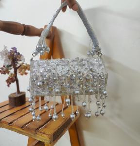 Zardozi Inspired Flap Clutch with Beads Embroidery Pearl Work Suede Lady Bridal Party Sling <b>Bag</b> From India - Product Image 3
