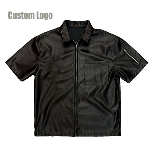 Chemise OEM personnalisée de haute qualité en cuir Pu avec fermeture éclair pour hommes, chemise brodée personnalisée à manches courtes avec poche poitrine en faux cuir - Product Image 2
