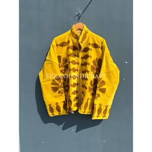 Unisex Jacket <b>Coat</b> Yellow Velvet Jacket Uzbek Floral Embroidery Jacket With Stand Collar Cotton Lining for Autumn and Winter - Product Image 5