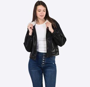 Chaqueta de moto de piel sintética en relieve negro para mujer al por mayor, manga larga, trabajo pesado, botón, solapa, nailon para invierno, otoño y primavera - Product Image 3