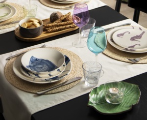 <b>Set</b> of 6 Dolomite Ceramic Handpainted <b>Serving</b> Plates Leaves Shapes Green with Brown Edge Modern Style Foliage by Excelsa - Product Image 2