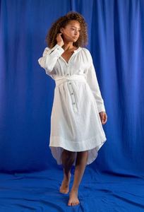 ชุดเดรสสั้นผ้าลินินพร้อมเข็มขัดยาวถึงเข่าทรงหลวมทรงพอดีตัวคอวีแขนยาวผ้าลินิน - Product Image 3