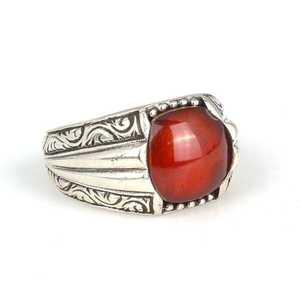 Bague pour homme en argent sterling 925, pierre d'agate rouge naturelle, motif gravé, motif rond, plaqué rhodium, à porter au quotidien - Product Image 3