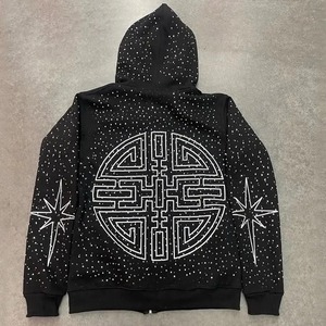 Men's Heavyweight Cotton French Terry <b>Hoodie</b> with Customizable <b>Oversized</b> Design and Rhinestone Zip Embroidery for Spring - Product Image 2