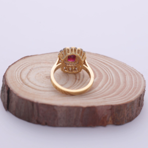 Bague en argent sterling 925 massif avec pierre précieuse rouge taille émeraude de 1,62 carat et double halo de diamants ronds - Product Image 5